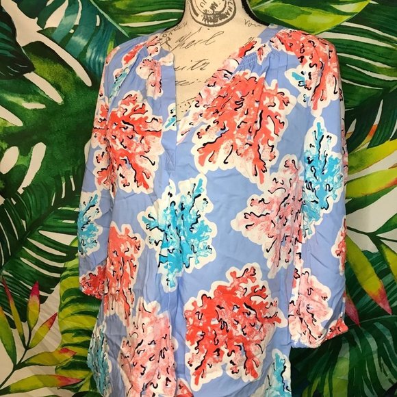 NWT $59 Crown & Ivy Small Blue Coral Colorful Beach Nautical Summer Light Blouse - Picture 2 of 8